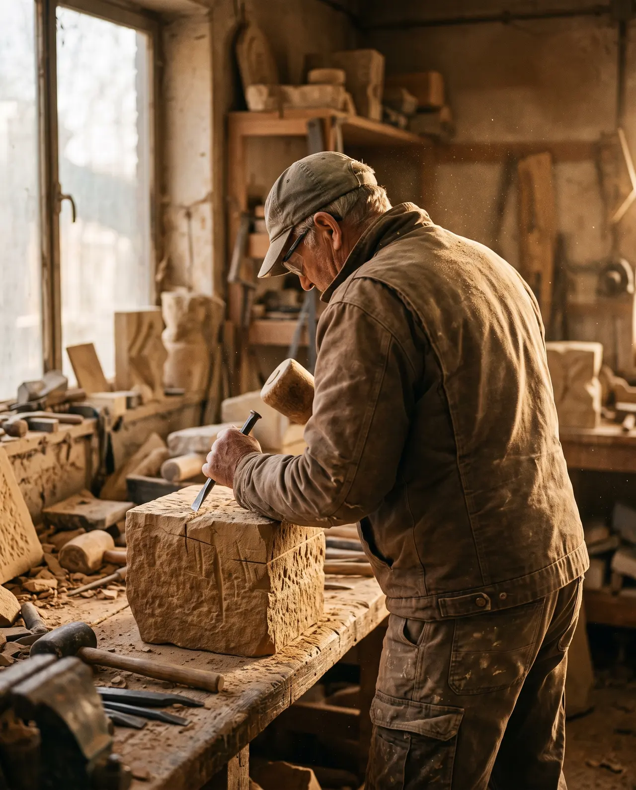René Kieffer dans son atelier de taille de pierre à Echternach